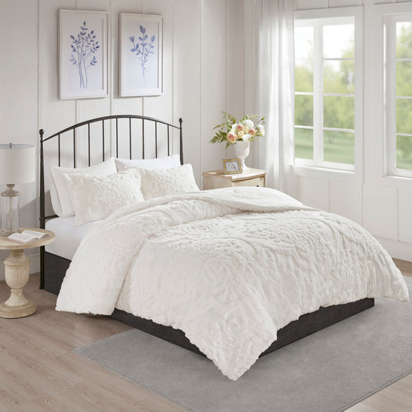 English Elm 3 Viola Tufted Cotton Chenille Damask Comforter Set King/Cal King Off-White - Oeko-Tex, Cottage Chic B03597088