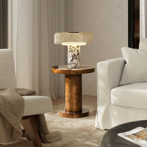 English Elm Bolin Burl Wood Round Side Table Sculptural Pillar Base Walnut Accent Piece B2719P280166