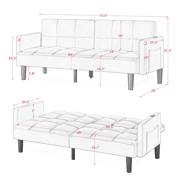 English Elm Velvet Convertible Futon Sofa Bed with Adjustable Back, Plush 9" Cushion, Eucalyptus Frame for Apartments Black W1413P332828