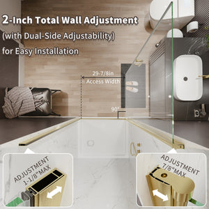 English Elm 34-36 in Frameless Pivot Shower Door Clear Tempered Glass with Brushed Gold Hardware W637P400612