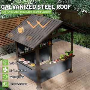 English Elm 9.4x6.2 Ft Hardtop Grill Gazebo Galvanized Steel Gable Roof with Shelves Patio Backyard Brown W1859S00209