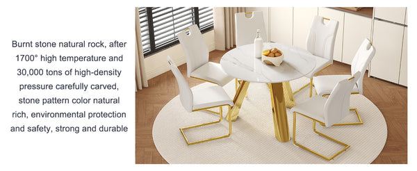 English Elm Table 7-Piece Dining Set - 42" Round Snow Mountain White Sintered Stone Table & Elegant Chairs W2920S00046-GIGA