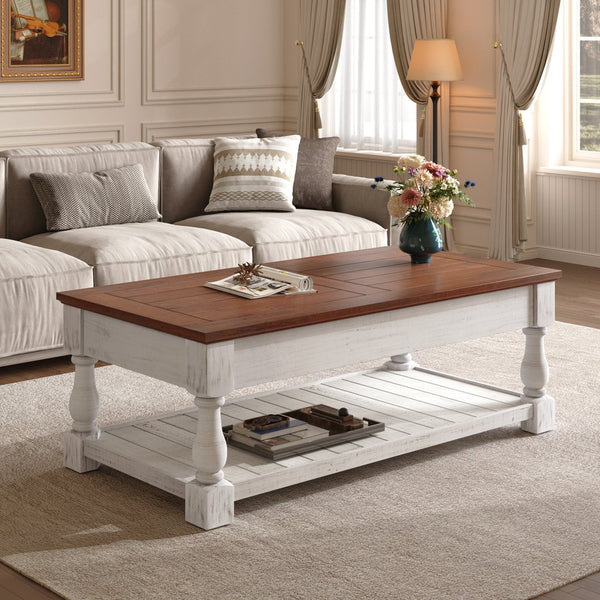 English Elm Farmhouse Coffee Table Solid Planked Wood with Open Shelf Square Baluster Living Room Antique Espresso,Antique White W1445P362858
