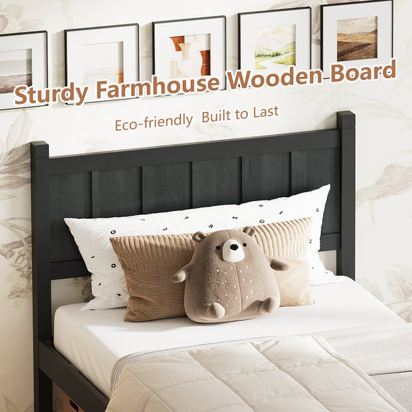English Elm Twin Platform Bed Vertical Slat Headboard Farmhouse Shaker Wood Grain Finish Bedroom Black N733P422478E