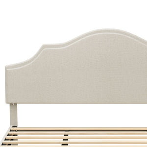 English Elm King Upholstered Platform Bed Frame King Size Linen Fabric Padded Headboard Adjustable 32.87"-37" Beige Modern Sturdy 1000lb Capacity W1716P280530