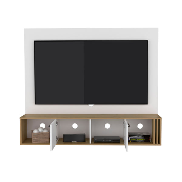 English Elm Louisburg Entertainment Center with White & Macadamia Finish, Closed Cabinets, Open Shelves, Cable Management (97) B092P286124