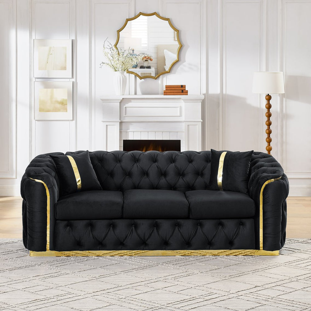 English Elm 2pcs Italian Velvet Chesterfield Sofa Set Tufted Three Seater with Gold Steel Legs W1191S00042