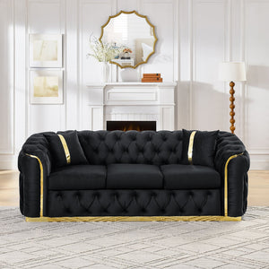 English Elm 2pcs Italian Velvet Chesterfield Sofa Set Tufted Three Seater with Gold Steel Legs W1191S00042