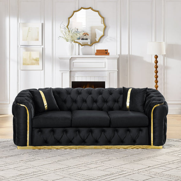 English Elm 2pcs Italian Velvet Chesterfield Sofa Set Tufted Three Seater with Gold Steel Legs W1191S00042