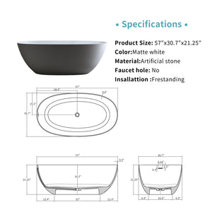 English Elm 57″solid Stone Resin Freestanding Soaking Tub Oval Matte White Spa Bathroom W2753P347514