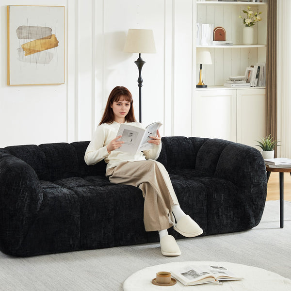 English Elm Chenille Cloud Sofa with Quilted Checkered Cushions and Piano Key Backrest Design W834P442227