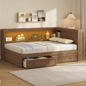 English Elm Full Pine Platform Daybed with Led Lighting Usb Charging Headboard Shelf and Drawers Wood N7090004032D