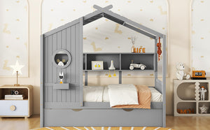English Elm Wooden Twin House Bed with Trundle and 3 Back Shelves, Pine Frame Playful Loft Design for Kids Gray 41.7 L x 16.25 W x 6 H N733S316110E