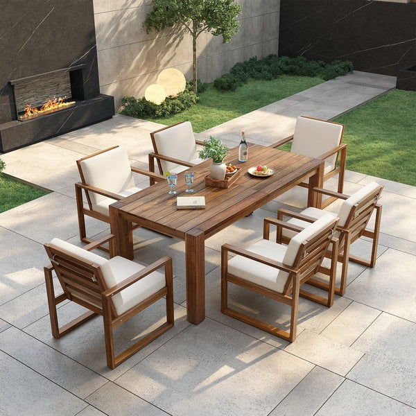 English Elm Trexm Acacia Wood Outdoor Dining Set Seats Six with Umbrella Hole Rustic Patio Beige,Mocha TM000019AAP