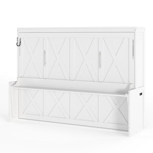 English Elm Queen Murphy Bed with Fold Down Desk Led Lighting and Usb Port for Home Office White W1580S00456