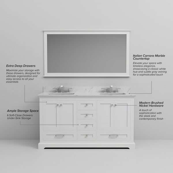 English Elm White Double Bath Vanity 60 in with Carrara Marble Top, Chrome Faucets, Soft-Close Drawers & Ample Storage B2731P258369