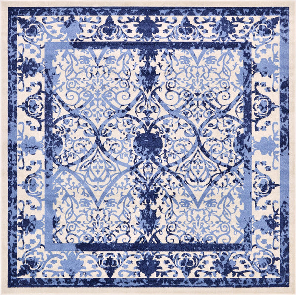 Unique Loom La Jolla Traditional Machine Made Floral Rug Ivory and Blue, Blue/Light Blue/Navy Blue 9' 10" x 9' 10"