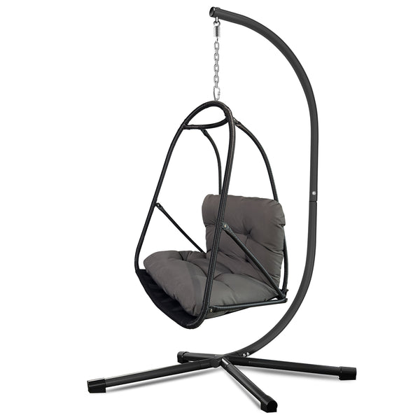 English Elm Swing Egg Chair with Stand - Foldable Rattan Hanging Basket Seat, Cushioned Comfort, Cup Holder Black W2707P388616