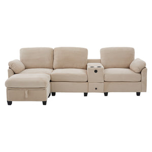 English Elm United Multifunctional L-Shaped Corduroy Sofa: 4-Seater With Usb Ports, Storage, And Comfort Features W1568S00226-GIGA