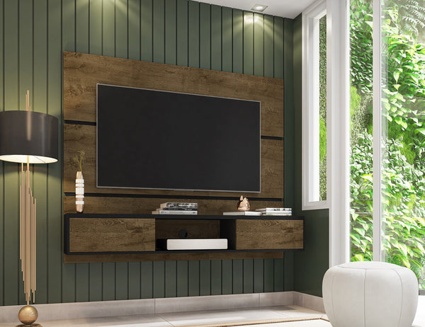 English Elm Vernon 63" TV Panel with Concealed Shelves, Cable Management, Mount Brackets & Flip Doors Brown+Black B365P398351