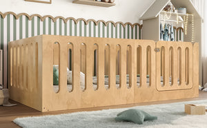 English Elm Twin Solid Pine Montessori Floor Bed with House Frame Door and Safety Fence Natural W5305P420633