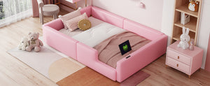 English Elm Twin Upholstered Platform Bed with Guardrail and Built-In Charging Station, Modern Sleek Design for Small Spaces Pink N709P186347H