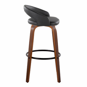 English Elm Fixed-height Swivel Barstools Walnut Bentwood Legs Black Pu Seat Metal Footrest Set B202S01856
