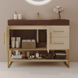 English Elm 36" Freestanding Bathroom Vanity Sintered Stone Top Brushed Gold Legs Wood Cabinet W3136S00056