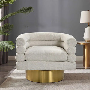English Elm Modern Boucle Upholstered Barrel Swivel Chair with Brushed Gold Base for Living Room Cream B011P426602