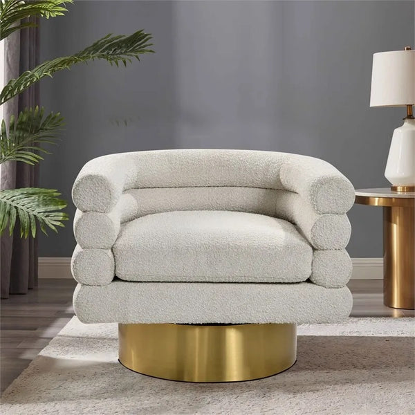 English Elm Modern Boucle Upholstered Barrel Swivel Chair with Brushed Gold Base for Living Room Cream B011P426602