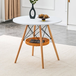 English Elm 31.5-inch Round Dining Table Solid Legs Woven Basket Storage Compact Modern Minimalist White,Wood W1151P431133