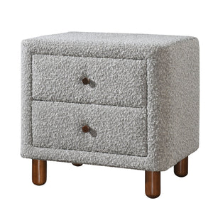 English Elm Grey Boucle Curved 2-Drawer Upholstered Nightstand with Wooden Legs — Midcentury Chic Storage Accent B062P209004