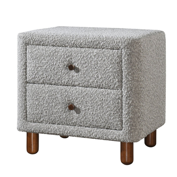 English Elm Grey Boucle Curved 2-Drawer Upholstered Nightstand with Wooden Legs — Midcentury Chic Storage Accent B062P209004