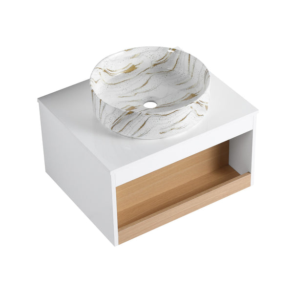 English Elm 24" Floating Bathroom Vanity White Oak Open Shelf Ceramic Vessel Sink Modern Bath W3450S00053