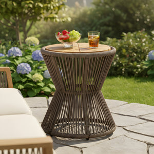 English Elm Outdoor Acacia Wood Top Side Table Woven Rope Iron Frame Hourglass Patio Accent Dark Grey,Teak N770P354690D