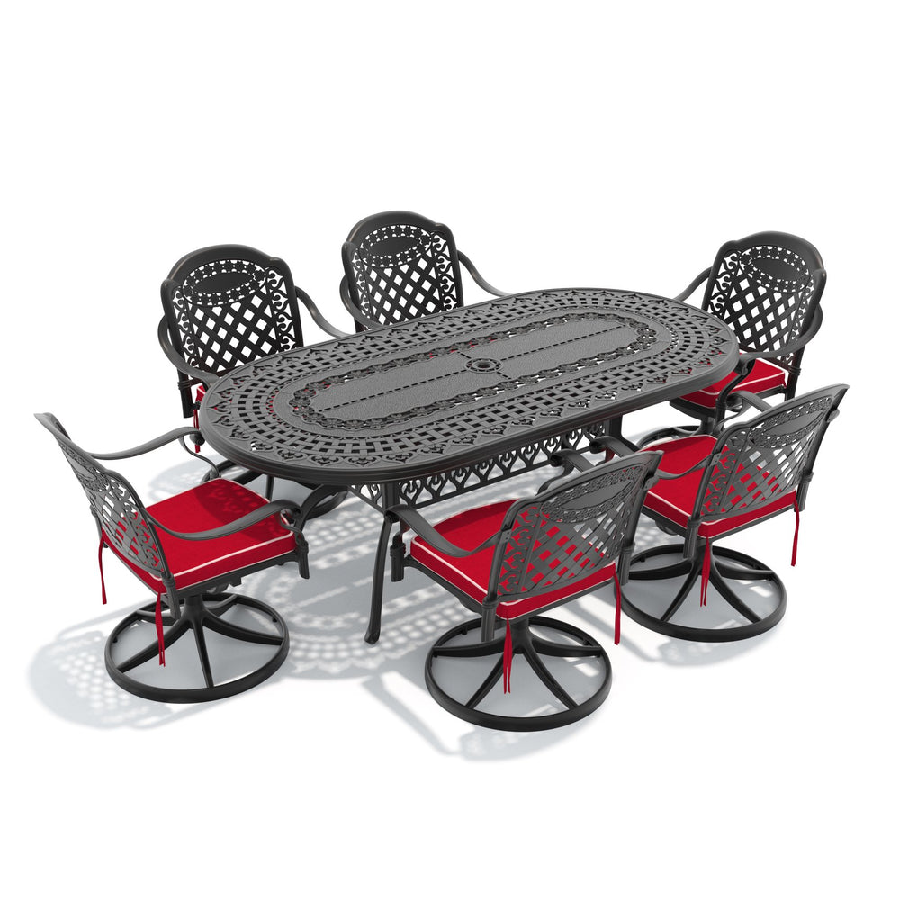 English Elm 7-piece Cast Aluminum Outdoor Dining Set with Ornate Oval Table and Six Swivel Chairs W1710S00323