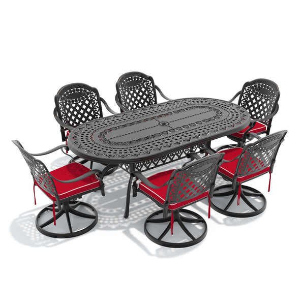 English Elm 7-piece Cast Aluminum Outdoor Dining Set with Ornate Oval Table and Six Swivel Chairs W1710S00323