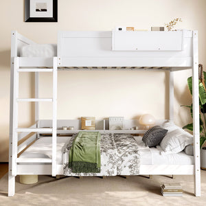 English Elm Full Pine Bunk Bed with Integrated Bookshelves Guardrails and Detachable Frame White W5316S00011
