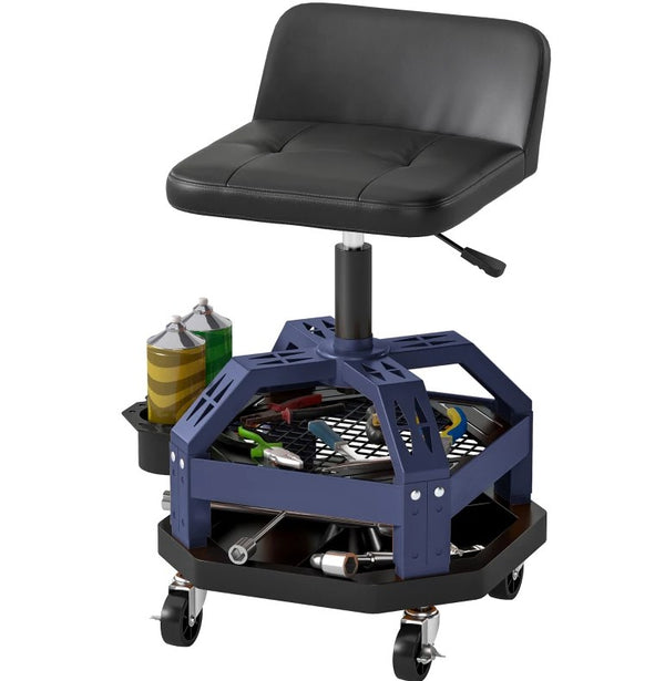 English Elm Adjustable Rolling Garage Stool with Lumbar Support Dual Storage Trays and Swivel Casters T3971P412551