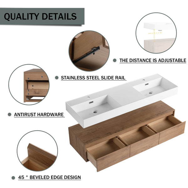 English Elm 60 Inch Wall-Mounted Modern Bathroom Vanity With Dual Resin Sinks, Soft Close Drawers & Chic Design W999S00356