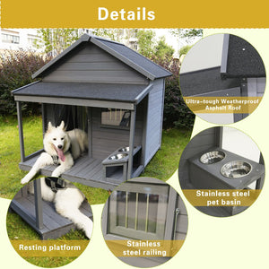 English Elm Large Breed Outdoor Doghouse Solid Fir Wood Covered Porch Weatherproof Asphalt Roof W1431S00005