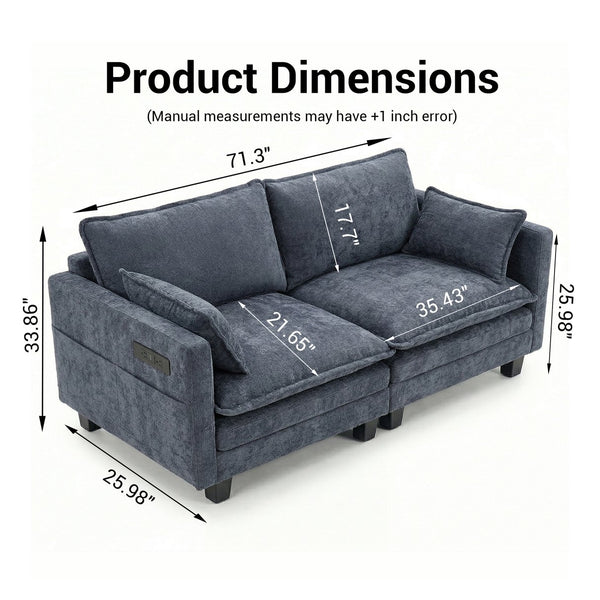 English Elm Modern Chenille Three Seat Sofa with Ottoman Usb Charging Ports and Storage Pockets Blue W2519S00004