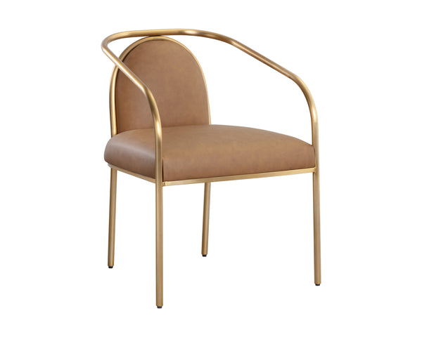 Sunpan Cicero Dining Armchair - Elegant Milliken Cognac Faux Leather & Gold Stainless Steel Accent Piece