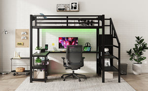 English Elm Metal Full Loft Bed with Wardrobe, LED, L-Desk & USB Ports — Space-Saving Full Size Bunk for Kids Teens Adults W2593S00008
