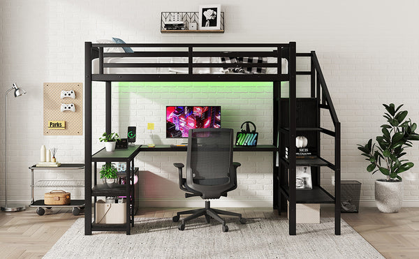 English Elm Metal Full Loft Bed with Wardrobe, LED, L-Desk & USB Ports — Space-Saving Full Size Bunk for Kids Teens Adults W2593S00008