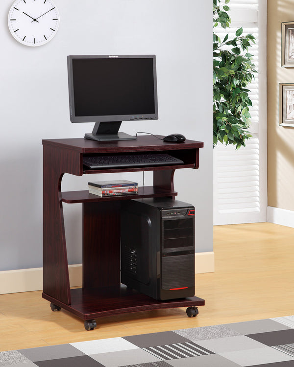 English Elm Utility Compact Mobile Cart with Gliding Shelf, Two Storage Shelves, Locking Casters, Rounded Corners Mahogany B107P269958