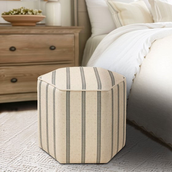 English Elm Ellen Hexagonal Accent Ottoman with Neutral Striped Upholstery, Farmhouse Chic, Solid Frame B03548964