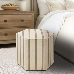 English Elm Ellen Hexagonal Accent Ottoman with Neutral Striped Upholstery, Farmhouse Chic, Solid Frame B03548964