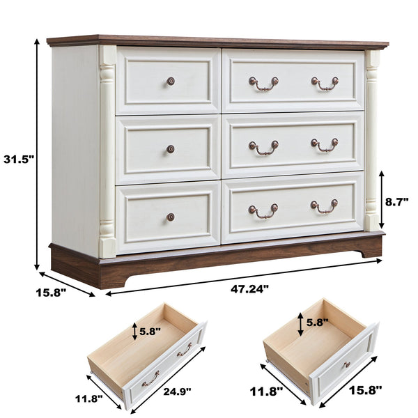 English Elm Farmhouse 6 Drawer Dresser Chest - Rustic Wooden Storage Organizer For Bedroom & Living Room Charm W2393P252364