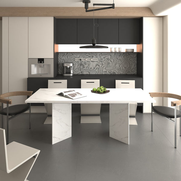 English Elm Extendable Faux Marble Dining Table with V-Legs — Sleek Expandable Conference & Kitchen Centerpiece for 6–10 White W1347S00015